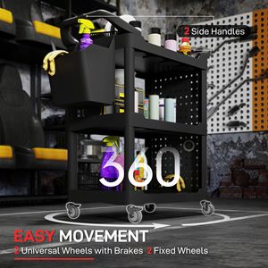 Carrello Portautensili a 3 Ripiani con Capacità di 90 kg, Ripiano Laterale e Contenitore - Nero - Product Image 5