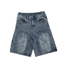 Pantalon court en jean décontracté pour homme, style streetwear, taille haute, broderie cristal, coupe ample, style charpentier, mode urbaine - Product Image 1