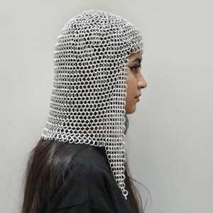 Coif en maille d'acier inoxydable plaqué argent personnalisé, capuche d'armure médiévale élégante, design soudé, objet de collection artistique - Product Image 3