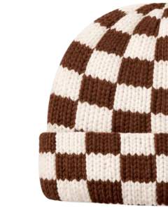 Gorro de punto personalizado con diseño de tablero de ajedrez marrón y blanco, gorro de invierno cálido con puño, gorro de punto acrílico suave, unisex, estilo urbano. - Product Image 3