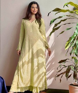 Yellow Cotton Kurta Women <b>Floor</b>-Length Loose Fit Traditional Ethnic Wear India Pakistan Casual All Seasons Style 62914 BE-170 - Product Image 1