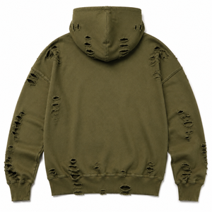 Sudadera con capucha verde oliva desgastada con cremallera, letras pintadas con efecto desgarrado, hombros caídos, estilo gótico moderno, abrigos grunge - Product Image 3