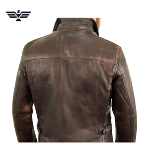 Blouson moto homme en cuir véritable marron, coupe ajustée, respirant, col montant, fermeture éclair, couleur unie, doublure coton, idéal pour l'automne - Product Image 6