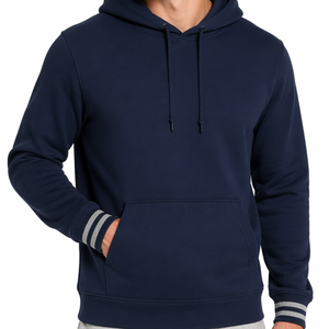 Sudadera con capucha azul marino personalizada para hombre con detalle de puño a rayas, al por mayor, estilo urbano, con bolsillo canguro - Product Image 3