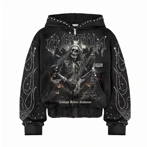 <b>Men's</b> Solid Winter Hoodie Distressed Rhinestone Zip <b>Jacket</b> Acid Wash Vintage Washed Streetwear Polyester/Cotton Embroidered - Product Image 1
