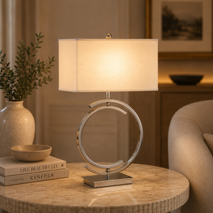 Eclipse Ring Metal Table <b>Lamp</b> with White Rectangle Shade Brushed Finish Sculptural Base Ambient Accent Lighting - Product Image 1