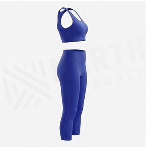 2 Piece Yoga Set Racerback <b>Crop</b> <b>Top</b> High Waist Calf Length Leggings Solid <b>Blue</b> Seamless Breathable Women's Sportswear Front - Product Image 3