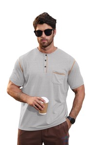 Camiseta Henley de manga corta para hombre, color gris jaspeado, con ribete en contraste y bolsillo en el pecho, estilo casual, corte regular, tejido de algodón. - Product Image 2