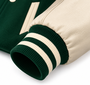 Veste universitaire pour homme SINEWY, vert crème, manches en cuir PU, boutons sur le devant, couleur unie, col rabattu, vêtement d'automne - Product Image 5