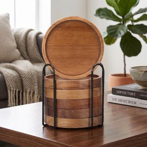 Acacia Round Groove Coasters with Holder Decorative Beverage Coffee Table Coasters for <b>Cup</b> Beer Bar <b>Mats</b> & Pads Drink Set - Product Image 2