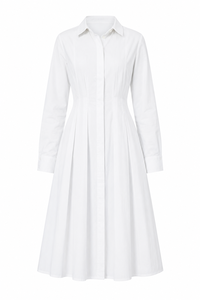 Robe chemise élégante en coton pour femme, taille plissée, entièrement boutonnée, coupe trapèze, avec poches, pour le travail, couleur unie, vente en gros - Product Image 5