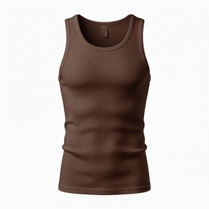 เสื้อกล้ามชายสีน้ำตาลแบบมีซี่โครง สั่งทำขายส่ง OEM ผ้าฝ้าย สตรีทแวร์ลำลอง ทรงเข้ารูป สไตล์วินเทจ เสื้อกล้ามถักลายริบ - Product Image 1
