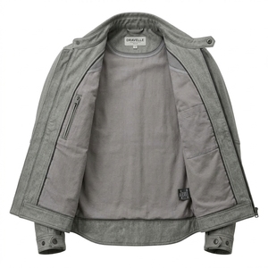 Mens Motorcycle Biker Jacket Custom Grey Washed Denim Tactical Panel Seam Snap Collar Cafe Racer Outerwear <b>Coat</b> - Product Image 5