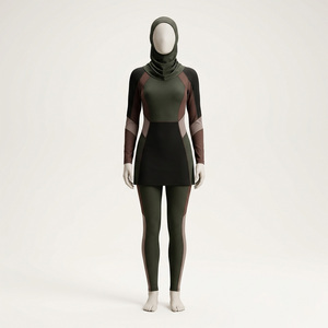 Traje de baño de dos piezas para mujer, estilo burkini, con bloques de color, manga larga, cuello con volantes, tejido elástico, cobertura completa - Product Image 1