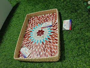 Affordable Elegant Round Rattan Serving Tray <b>Set</b> Decorated with Mother of Pearl Inlay Perfect for <b>Tea</b>, Snacks, and Eid Gift Use - Product Image 3