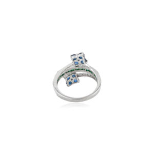 Wholesale Unique Bypass Flower Pattern 925 Sterling <b>Silver</b> Luxury Rhodium Plated Blue Sapphire & <b>Emerald</b> Wedding <b>Ring</b> Gift - Product Image 6