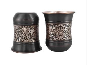 Puer Copper Double Wall Tumbler Set of 2 Handle <b>Straw</b> 250ml Capacity Floral Pattern Curved Design for Ayurveda Health Benefits - Product Image 4