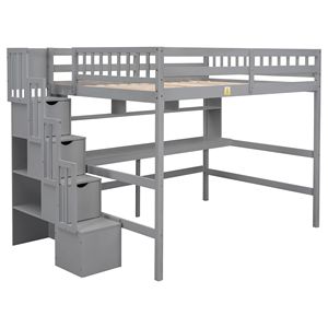 Letto a soppalco grigio a grandezza naturale con scrivania, scaffali portaoggetti e scala - Product Image 4
