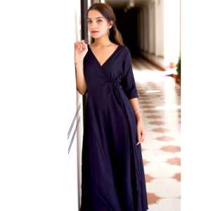 Robe Angrakha bleue taille XS, magnifique silhouette évasée en mousseline de soie, tissu respirant - Product Image 4