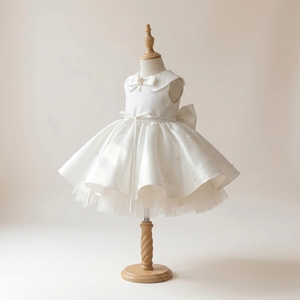 Robe de Demoiselle d'Honneur Minimaliste Ivoire Unie, Longueur Genou, Jupe en Satin, Doublure Respirante et Douce, Nœud Décoratif, Détail Perle, Manches Bouffantes - Product Image 2