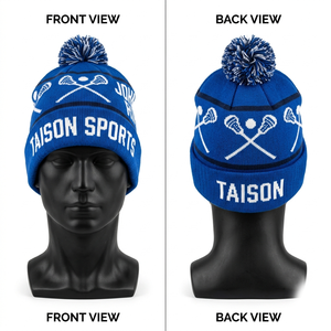 Premium 320 GSM acrylic knit lacrosse beanie black orange jacquard pattern pom pom embroidered custom logo <b>winter</b> <b>cap</b> - Product Image 5