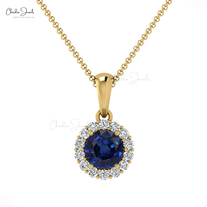 Trendy Products Natural 4mm Round Brilliant Cut Blue Sapphire Diamond Halo <b>Pendant</b> in 14k <b>Solid</b> <b>Gold</b> Custom <b>Pendant</b> Necklace - Product Image 1