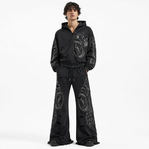 Survêtement noir à capuche pour homme, coupe ample, imprimé moto, streetwear, fermeture éclair sur le devant, taille élastique, pantalon de jogging, collection automne - Product Image 2