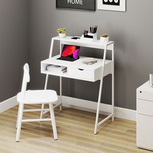 Modern <b>White</b> Home Office Desk with Drawer and Storage Shelves Simple Design Computer <b>Table</b> for <b>Small</b> Spaces for Study - Product Image 6