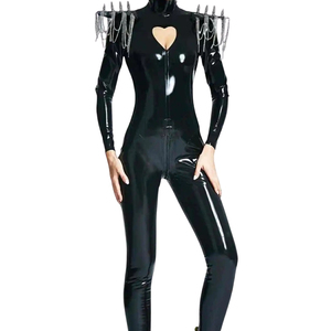 Combinaison moulante noire en PU à col roulé et manches longues pour femme, taille haute, fermeture éclair frontale, style clubwear - Product Image 1