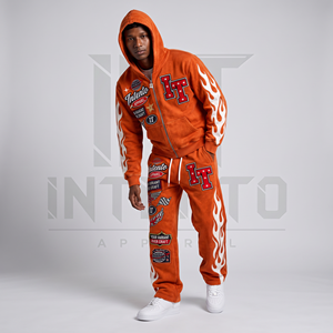 Conjunto de Sudadera con Capucha y Pantalones de Chándal Vintage para Hombre, Color Marrón, 100% Algodón Grueso, con Parches de Llamas - Product Image 5