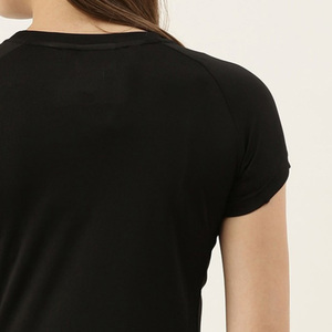 T-shirt décontracté en jersey noir pour femme, col rond, manches raglan, logo, manches courtes, coupe classique, respirant, écologique, 100% biologique - Product Image 5