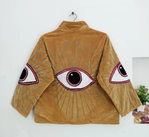 Handmade <b>Velvet</b> Mustard Eye Embroidery <b>Jacket</b> <b>Women's</b> Boho Chic Open Front Ethnic Fashion Coat - Product Image 2