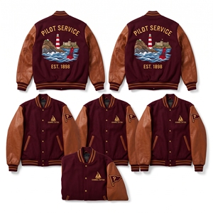 Chaqueta universitaria al por mayor, azul marino, cuerpo de lana, mangas de cuero marrón óxido, bordado de letras 'Wooden Hull Guild Shipwright Adze' - Product Image 2