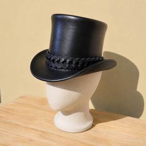 Premium quality custom made Handmade Black Leather Top <b>Hat</b> with Braided <b>Band</b> Victorian Costume <b>Hat</b> for Men and Women - Product Image 3