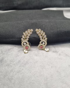 Boucles d'oreilles Ear Cuff pour femmes, motif feuille et cercle, avec pierres rondes scintillantes, bijoux de mode pour soirée, vente en gros - Product Image 2