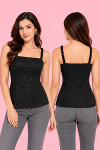 <b>Women's</b> <b>Black</b> Stretch Hosiery <b>Tank</b> <b>Top</b> – Square Neck Sleeveless Fitted Camisole with Stylish Straps <b>tank</b> - Product Image 1