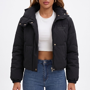 Womens <b>Cropped</b> <b>Puffer</b> <b>Jacket</b> Custom Logo Hooded Padded Quilted Winter Warm Short Trendy Coat Outdoor Streetwear Fashion - Product Image 2