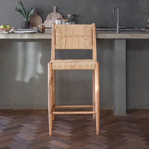Chaise de comptoir Lohanda en acacia et herbe de Munja, très demandée, avec repose-pieds naturel tressé à la main, pour îlot de cuisine, bar à domicile, café, style bohème - Product Image 1