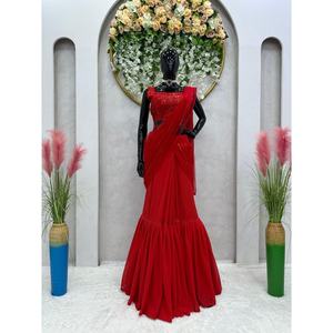 DISEÑADOR GEORGETTE SECUENCIA HILO TRABAJO LEHENGA SAREE CON BLUSA DESCOSADA ROJO - Product Image 1