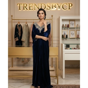 Trends Cp Luxury Hand-Embroidered <b>Sequined</b> Embellishment Pure Velvet Slit Detail Middle East <b>Kaftan</b>-Kuwait Party Modest Evening - Product Image 2