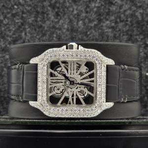 Luxury Mechanical Moissanite Round Cut Diamond Half Iced Out Square Case <b>Black</b> Leather Belt Classic Date Roman Features <b>Watch</b> - Product Image 1