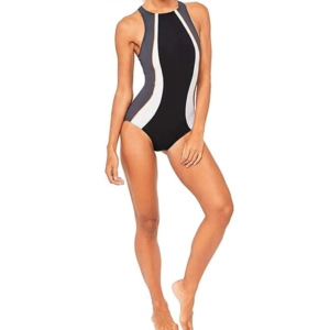 Maillot de bain une pièce pour femmes, color block, col haut, bordure contrastée, extensible, vêtements de plage - Product Image 5