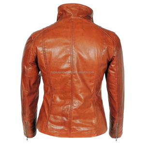 Vestes en cuir pour femmes en peau de mouton véritable à col haut, marron foncé, faites à la main - Product Image 3