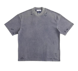 T-shirt en coton épais tricoté pour homme, coupe oversize vintage vieillie, design logo personnalisé, coupe carrée, motif à pois, anti-rétrécissement - Product Image 2