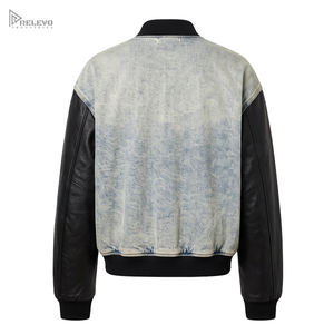 Veste universitaire en denim délavé personnalisée unisexe, style vintage, avec manches en cuir noir, veste bomber universitaire, OEM/ODM personnalisable - Product Image 2