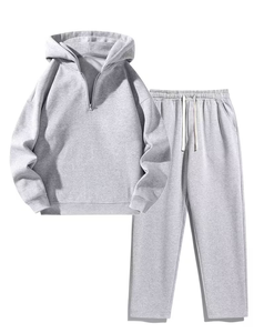 Men's Gray Hooded Sweatshirt Set Two-Piece Solid Color Casual Winter Wear Breathable Long Sleeve Customizable Colors 380g - Product Image 3