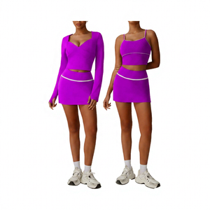 Women's 2 Piece Yoga <b>Set</b> High Waist Skirt Crop Solid Color Spandex Polyester Breathable <b>Square</b> Neck Full Sleeve - Product Image 4