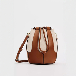 Leather Bucket <b>Bag</b> Women's Tan Beige <b>Canvas</b> <b>Drawstring</b> Crossbody Soft Minimalist Style All Seasons - Product Image 5