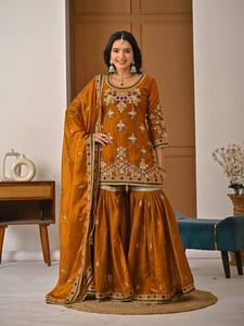 Ensemble Kurti et pantalon en soie brodée marron, séchage rapide, toutes saisons, avec dupatta, tenue traditionnelle ethnique pour femme, longueur ras du sol, coupe classique - Product Image 3