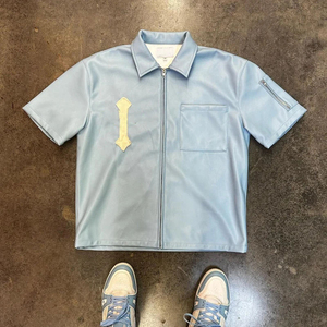 เสื้อเชิ้ตหนัง PU ปักลายแบบดิสเทรสสำหรับผู้ชาย แขนสั้น สไตล์ฮิปฮอป - Product Image 5